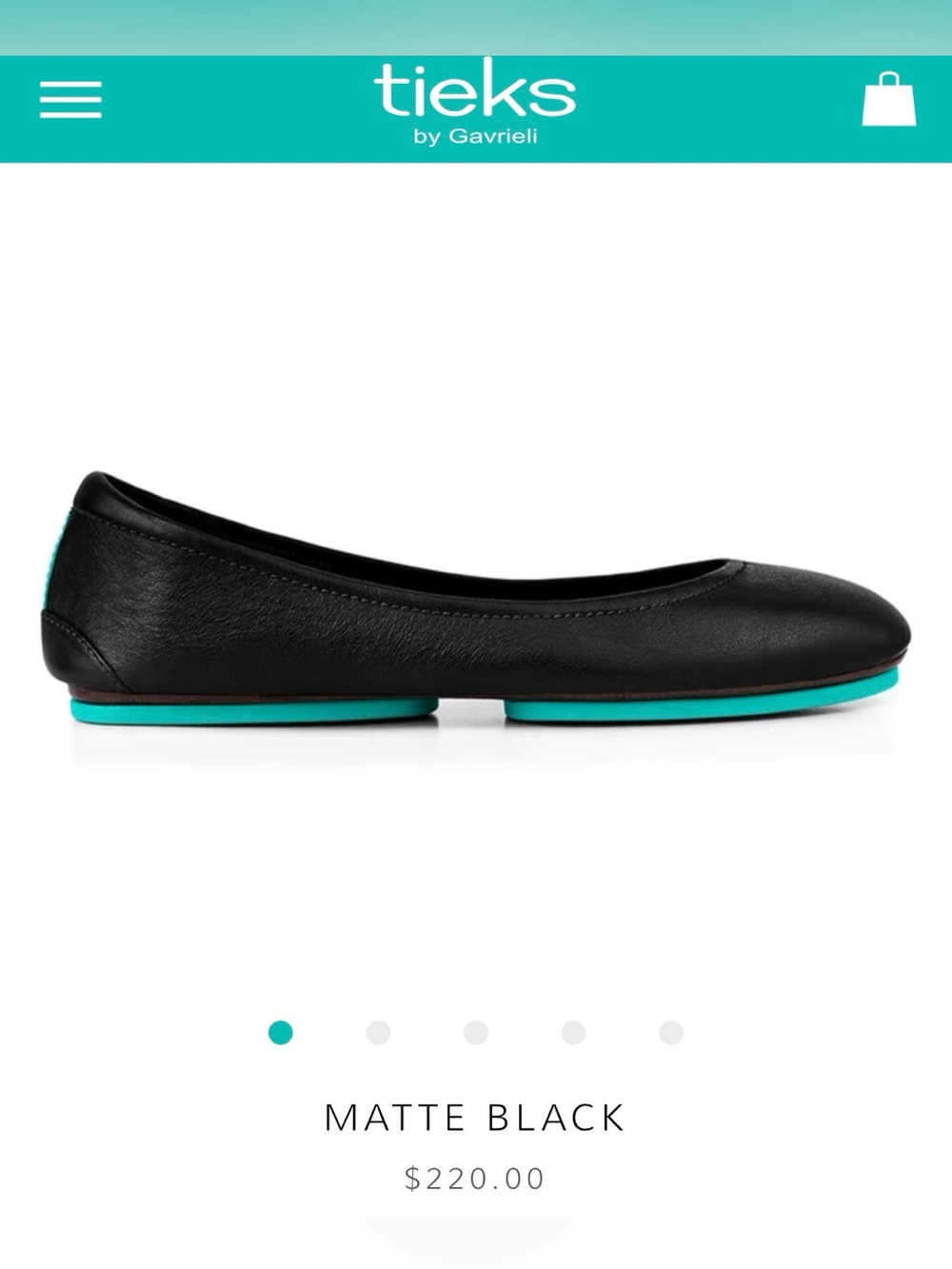 Tieks Matte Black Leather Ballet Flat with Teal Sole Accent size 6